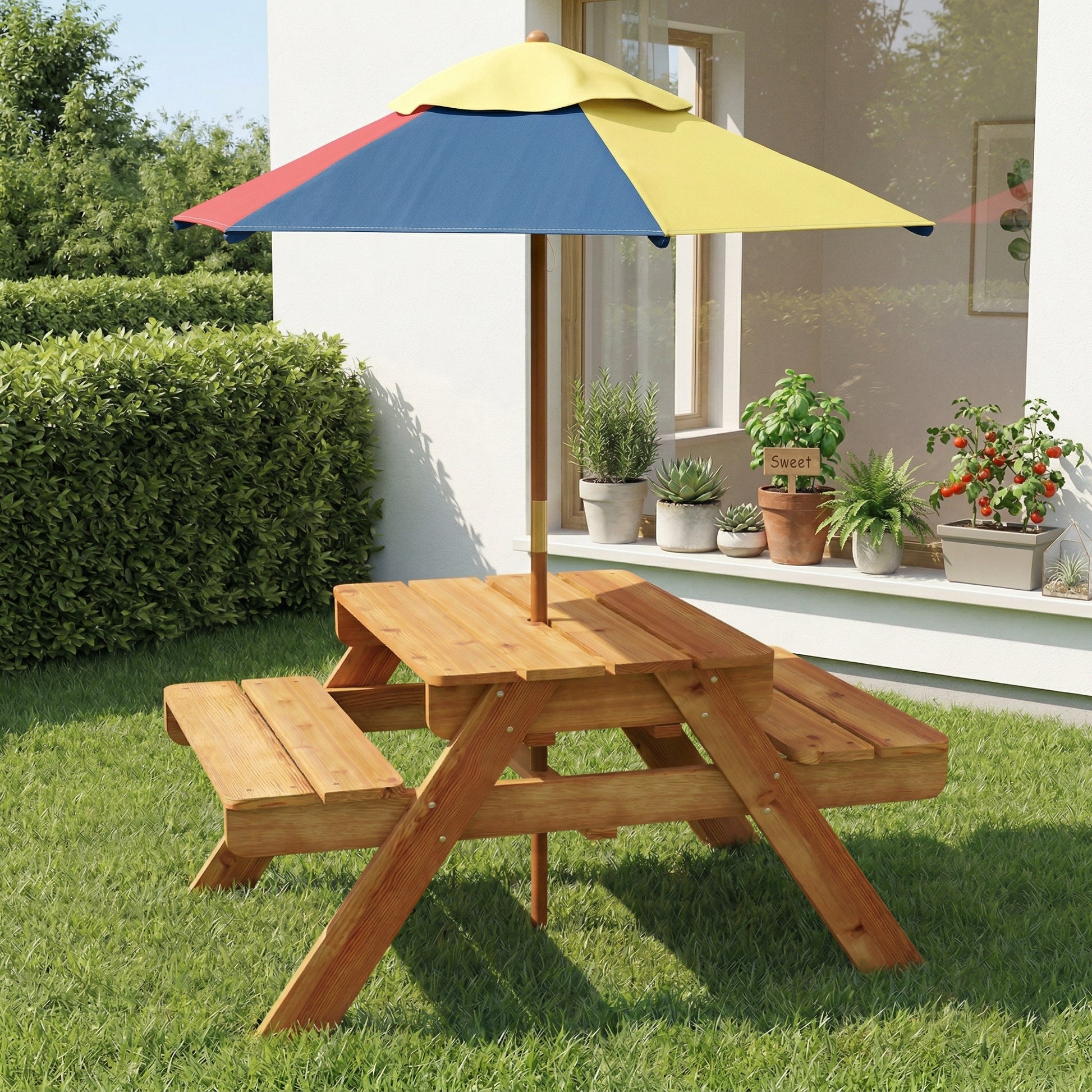 A lifestyle photograph of a kids' wooden picnic table with a multi-colored sun umbrella set up on a green grassy lawn in a sunny backyard, positioned next to a white house with various potted plants on the windowsill.