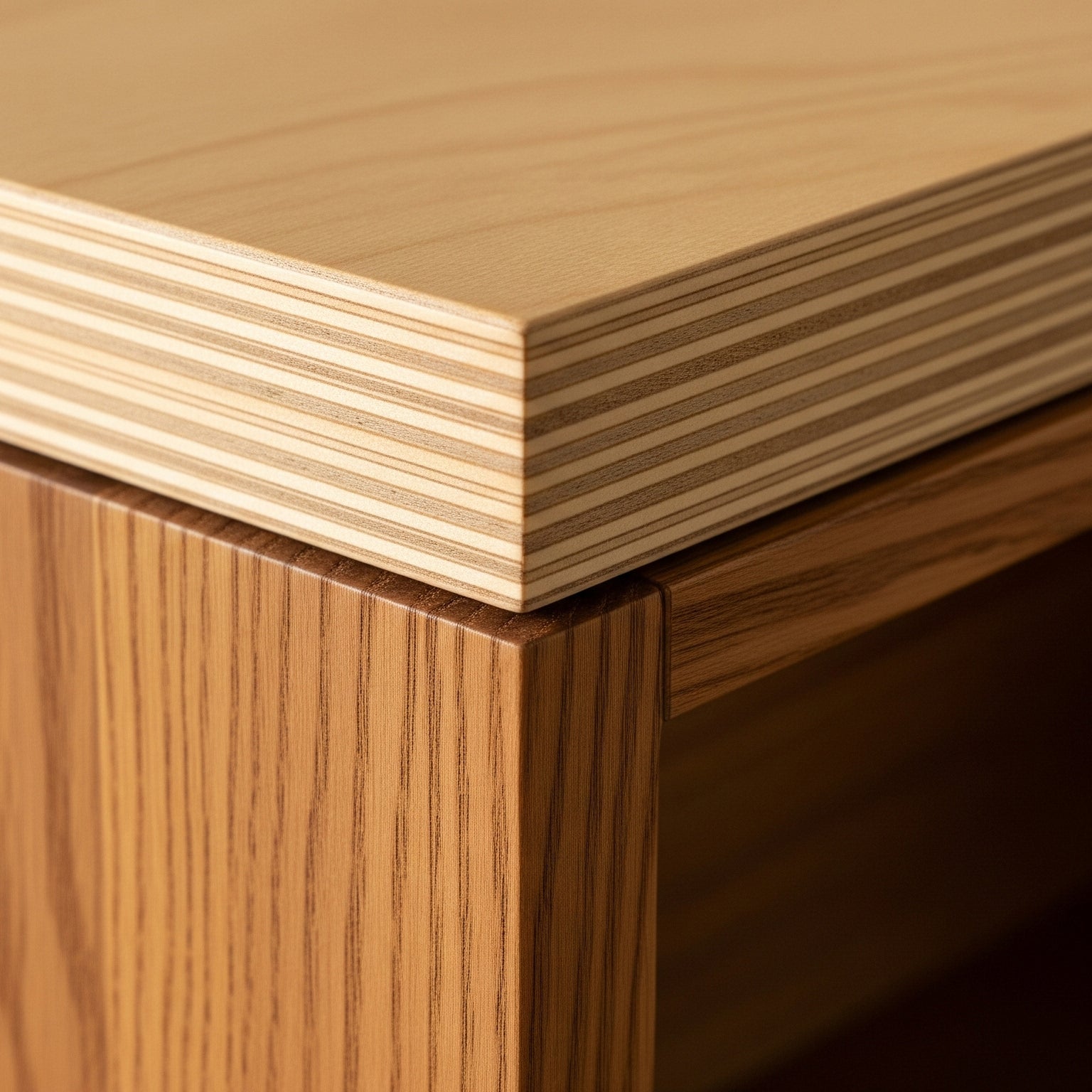 Close-up detail of the smooth, multi-ply edge of premium Baltic birch plywood used in Hicooo furniture, demonstrating durable and void-free construction
