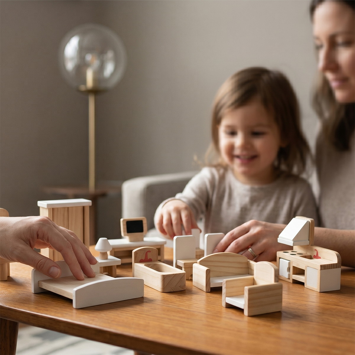 High-angle view of a complete miniature wooden home setup on a neutral rug, showcasing the natural grain of the poplar core wood.