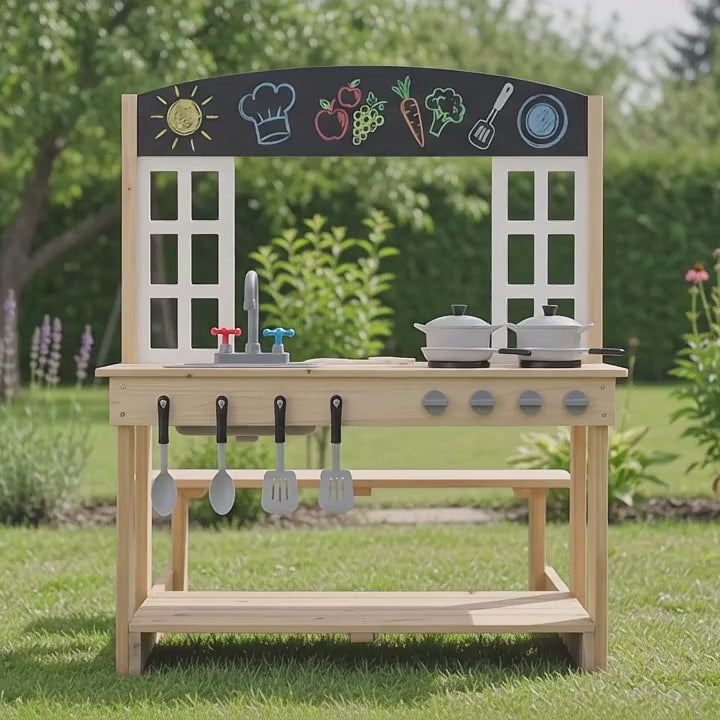 Toddler Wooden Mud Kitchen Set with Bench