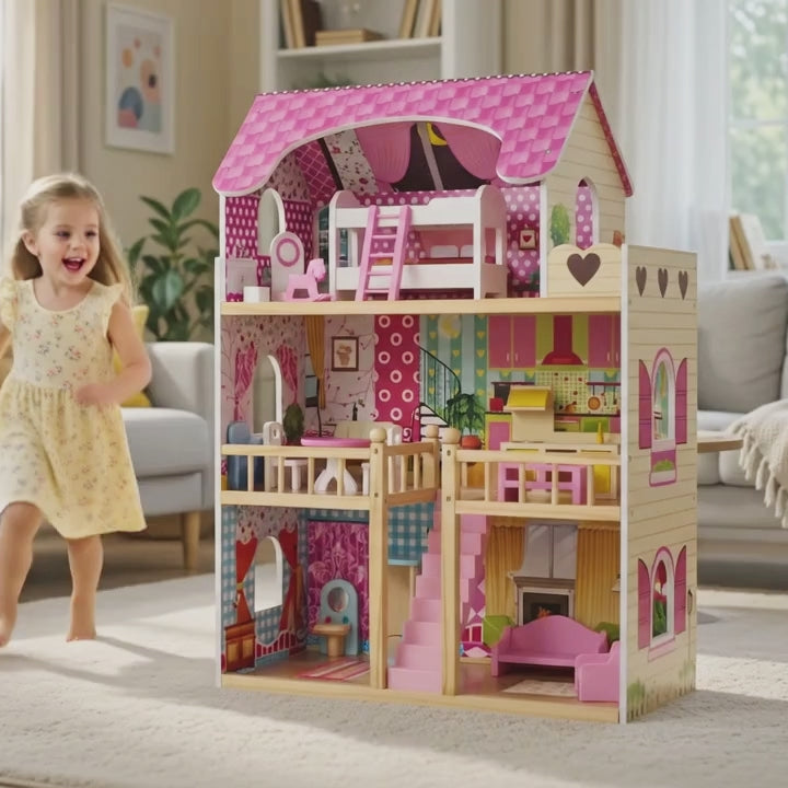 Dollhouse Playset with 6 Rooms & 15-Piece Furniture Set