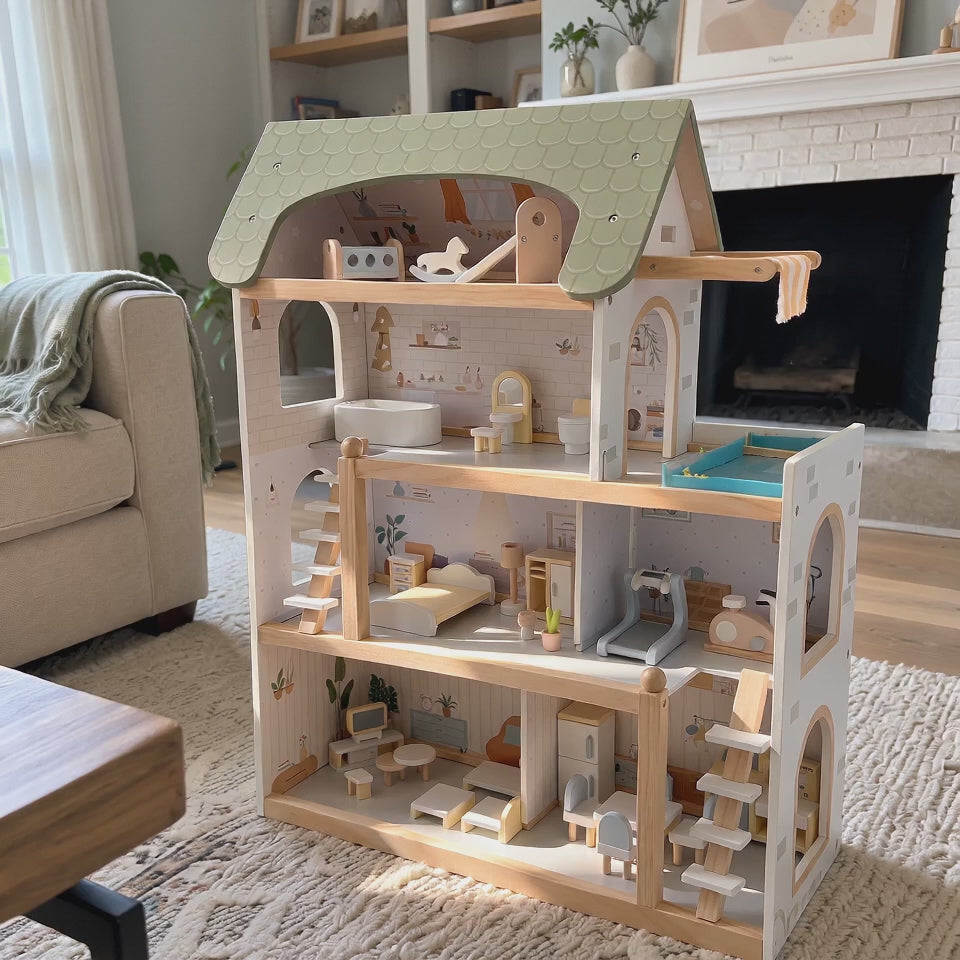 Large Wooden Dollhouse with 33-Piece Furniture Set