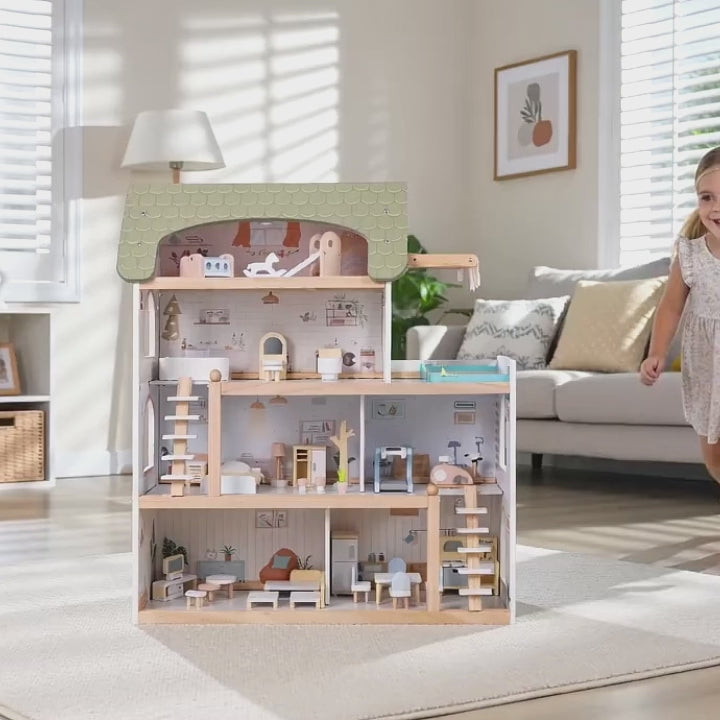 Large Wooden Dollhouse with 33-Piece Furniture Set