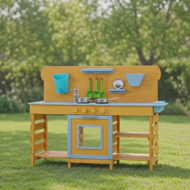 Large Wooden Mud Kitchen with 2 Sinks & 4 Stoves