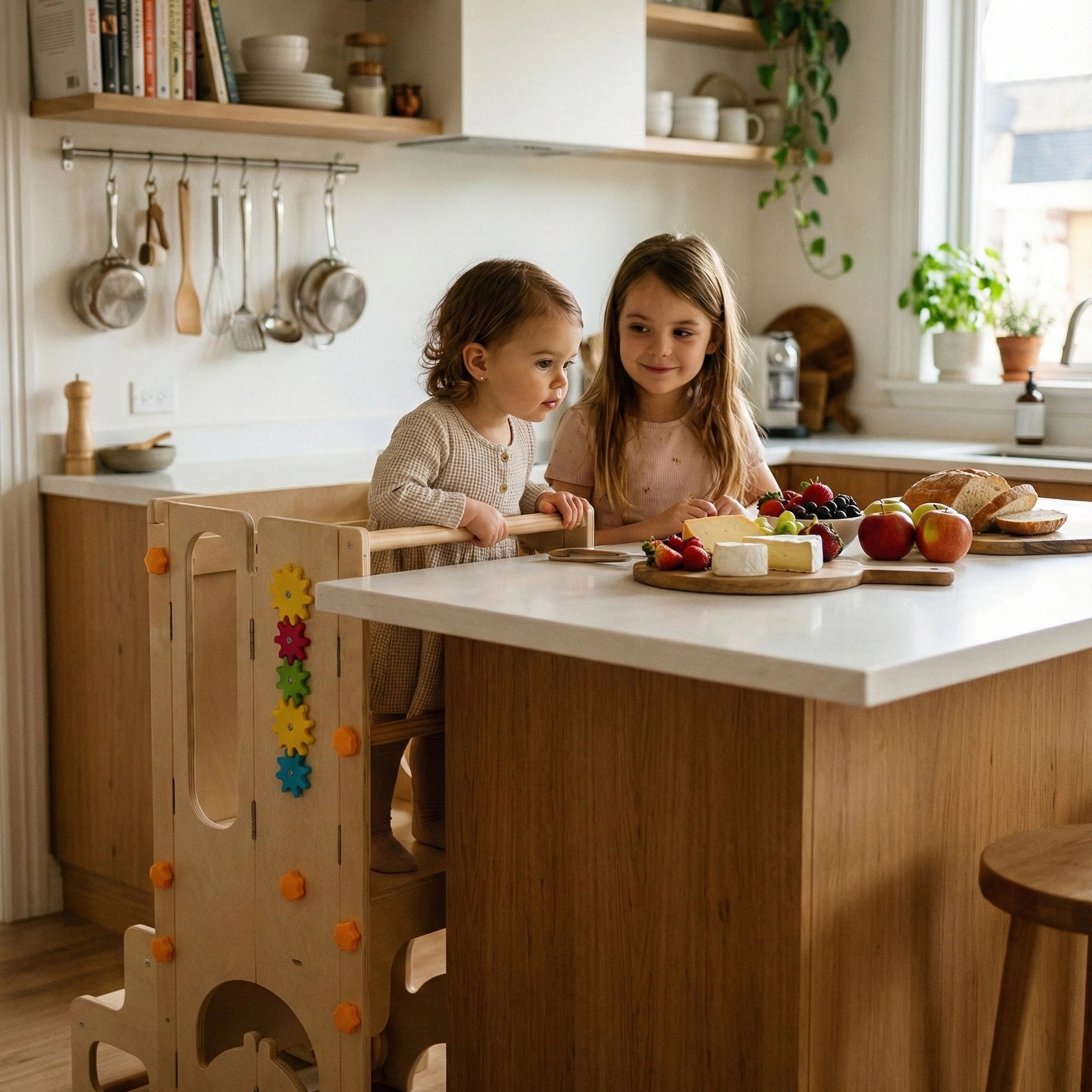 HICOOO Standard Montessori Learning Tower with cute Rabbit design. Crafted from natural birch plywood, this sturdy kitchen helper stool helps toddlers 18m+ safely reach counter height.