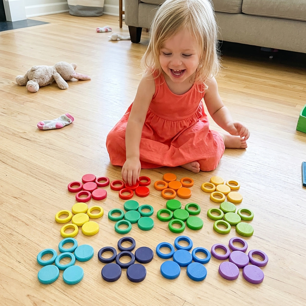 72-Piece Rainbow Wooden Coins & Rings Loose Parts