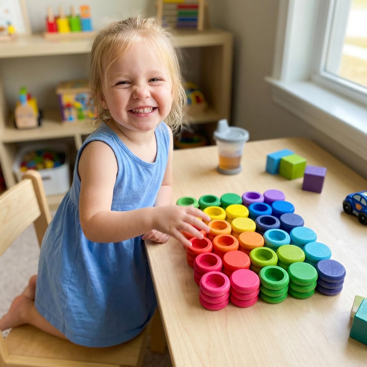 72-Piece Rainbow Wooden Coins & Rings Loose Parts