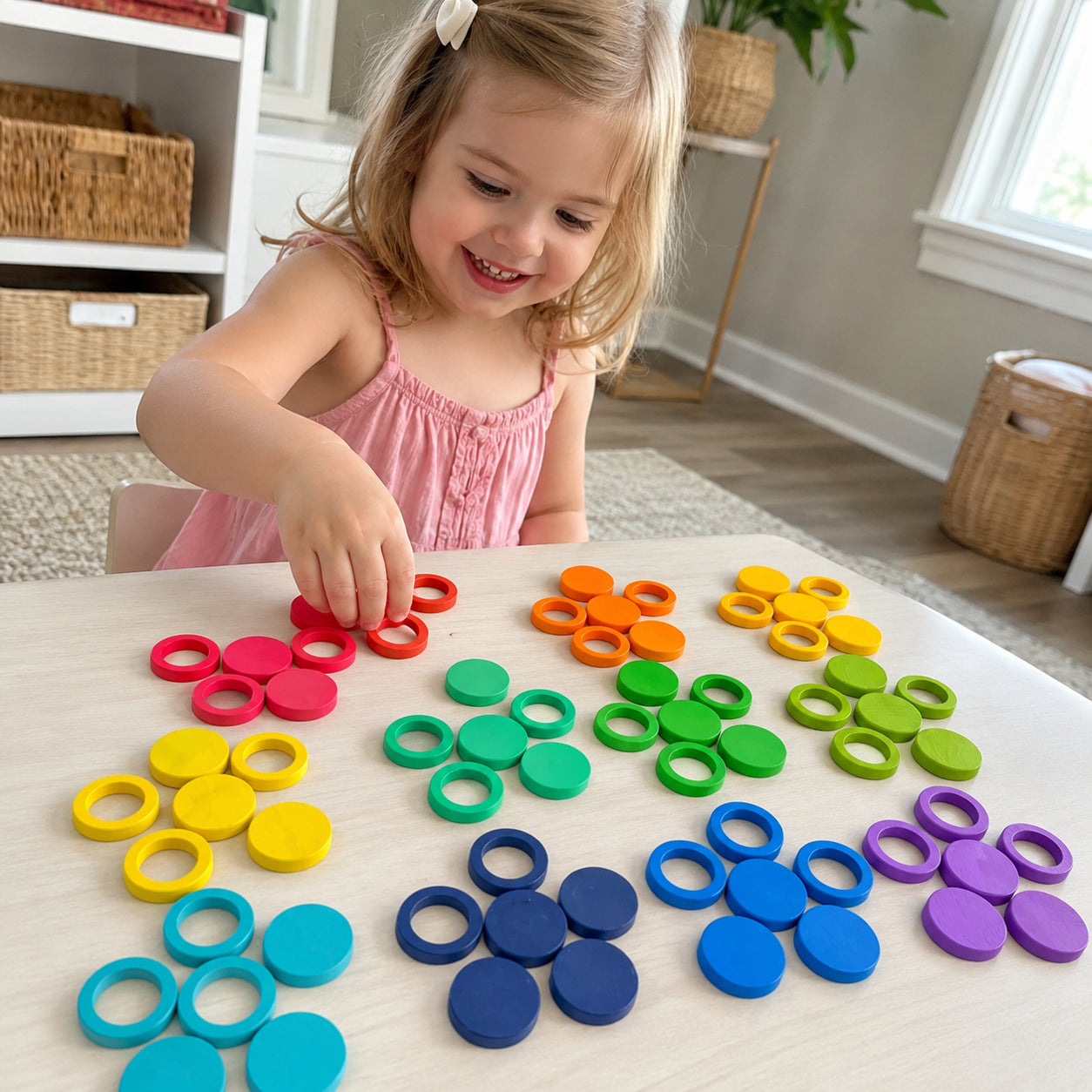 72-Piece Rainbow Wooden Coins & Rings Loose Parts