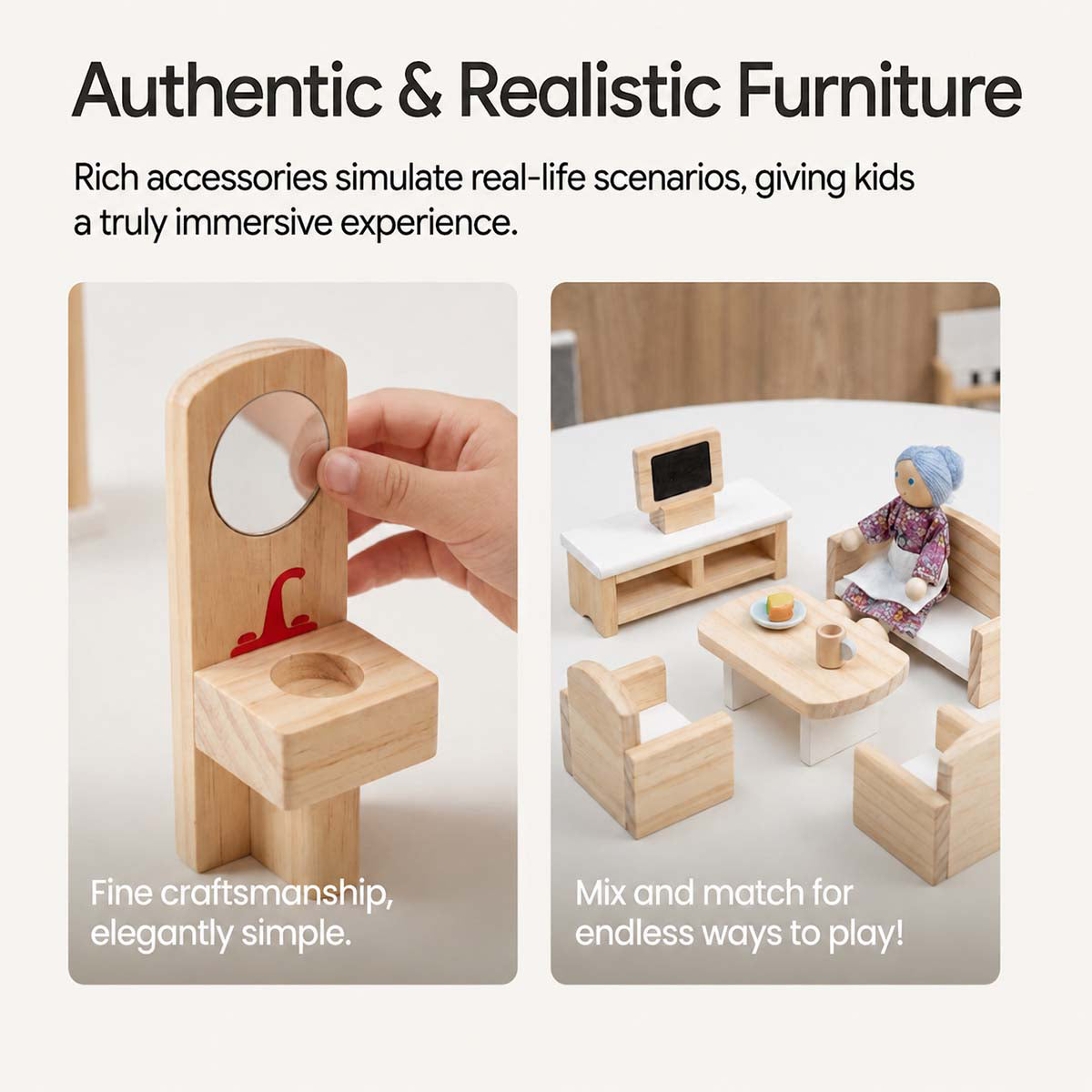A young girl and her mother smiling while building a miniature home scene with hicooo wooden toys.