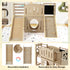 Detailed diagrams showing the smart modular design of the 8-in-1 wooden indoor slide. It highlights the reversible installation of the slide and climbing ramp, demonstrating how they are easily removable for convenient storage.