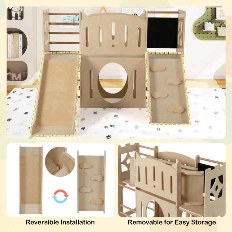 Detailed diagrams showing the smart modular design of the 8-in-1 wooden indoor slide. It highlights the reversible installation of the slide and climbing ramp, demonstrating how they are easily removable for convenient storage.