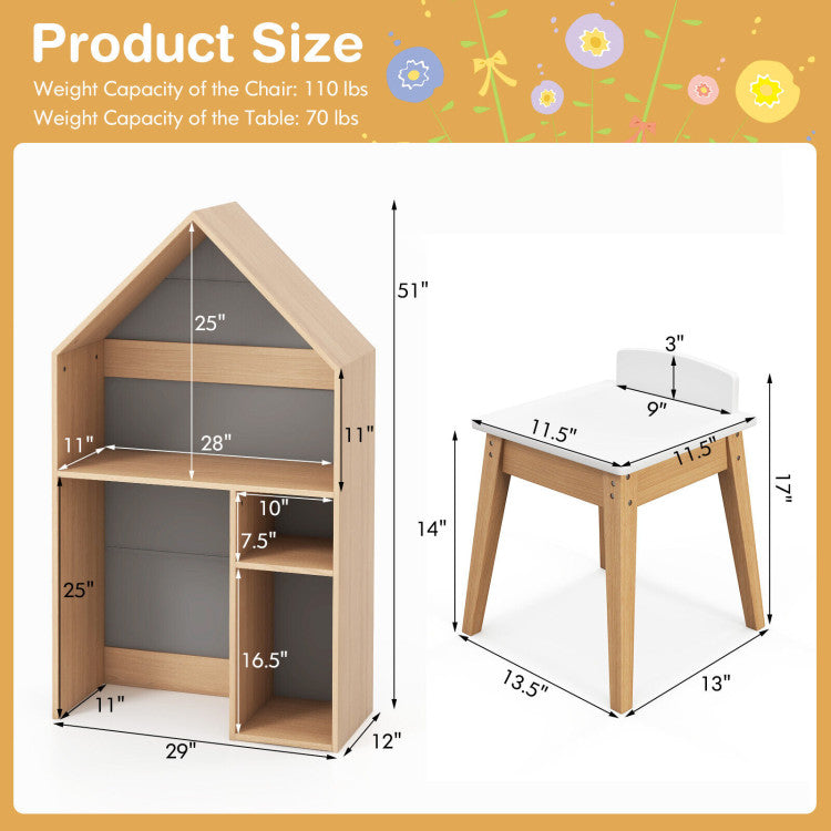 House Shaped Wooden Toddler Activity Table with Storage and Chair