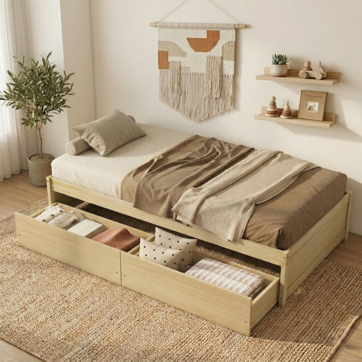 A lifestyle photograph capturing a white-painted wooden twin-size platform bed frame set up in a cozy, naturally lit bedroom with light hardwood floors. The bed features a mattress, a simple grey and white bedding set, a low headboard, and is positioned near a minimalist wooden nightstand with a lamp and a wall mirror.