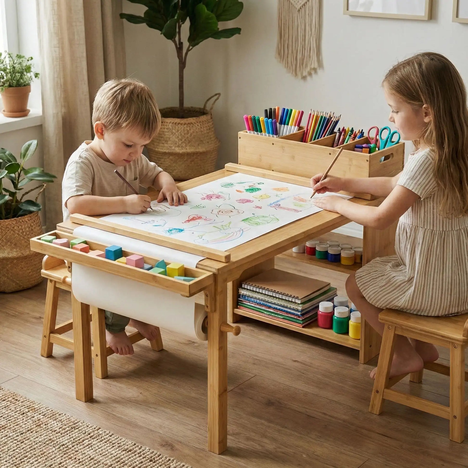 Lifestyle shot of two children (a boy and a girl) sitting on stools and drawing side-by-side at the Hicooo wooden art table. Highlights the spacious tabletop and large paper roll that allows siblings to create art together comfortably.