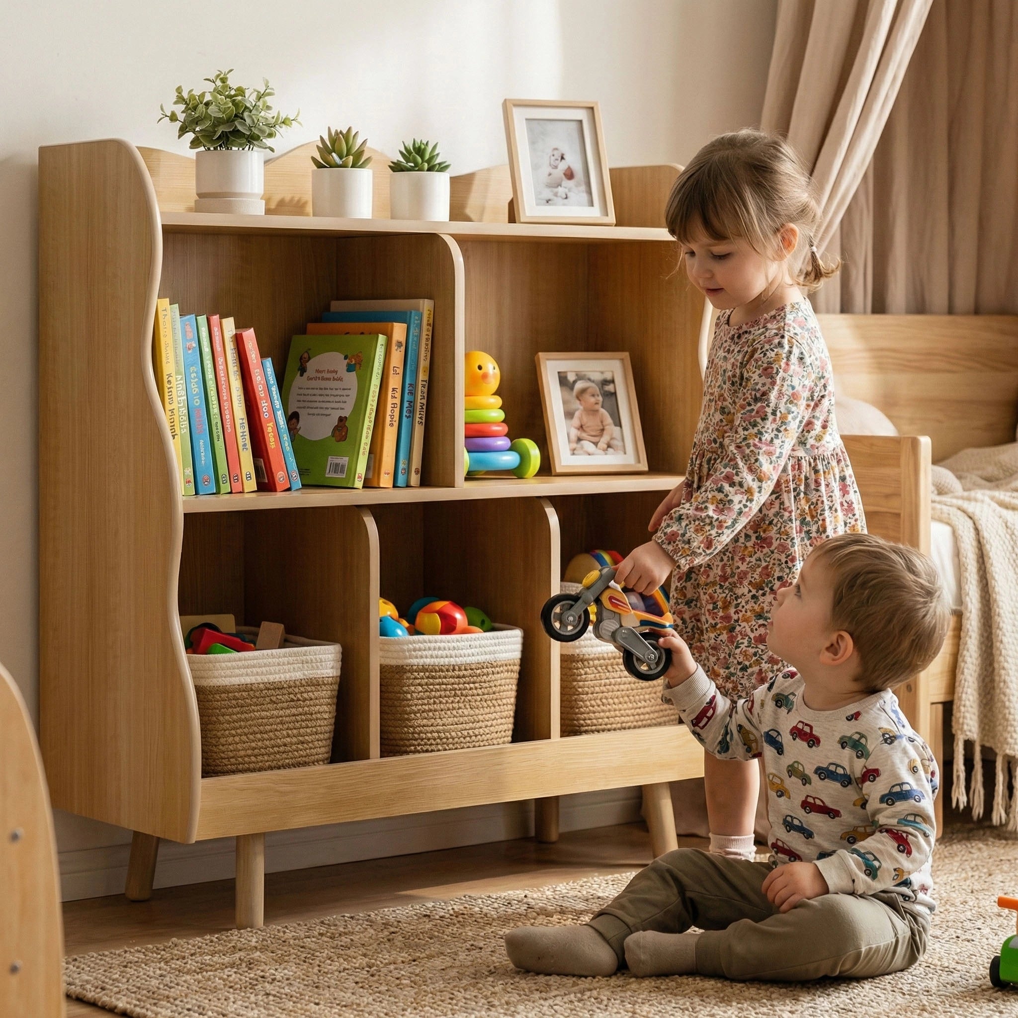 A heartwarming playroom scene featuring siblings playing in front of a wooden wavy kids' bookshelf. A toddler girl watches her baby brother play with a toy car near the toy organizer filled with books and baskets.