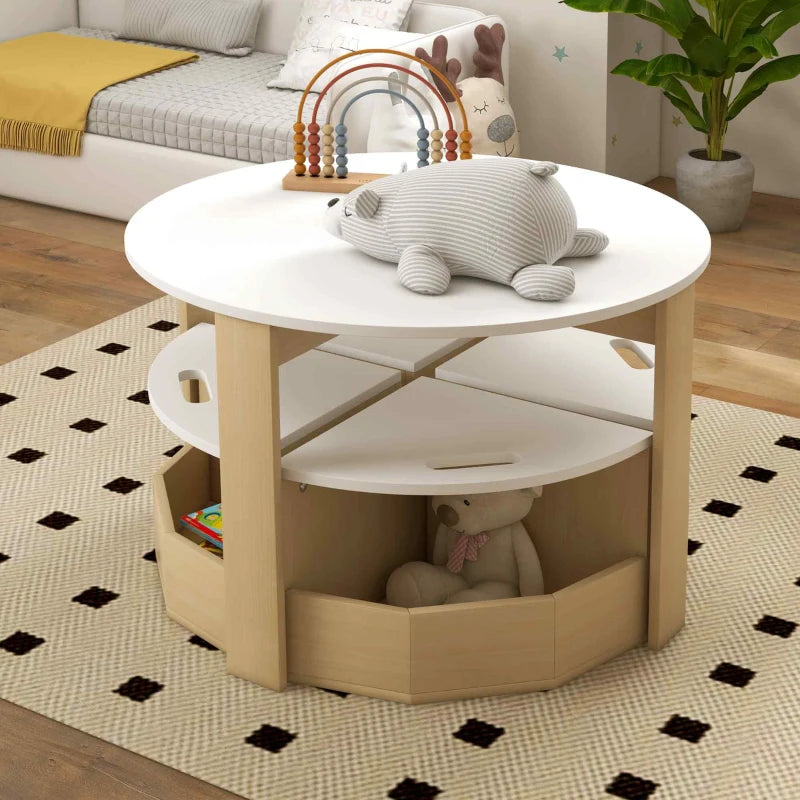 A space-saving kids' table set in a cozy playroom. All four white-topped chairs are neatly tucked entirely underneath the round table, storing plush toys inside their bases.
