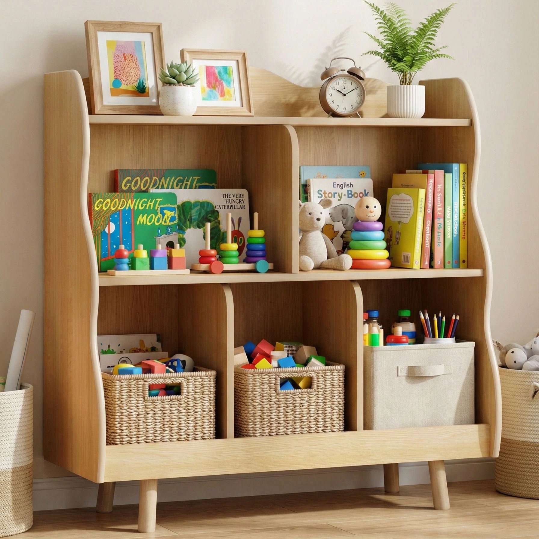 A styled wooden kids' bookshelf with wavy edges in a bright room, filled with children's books like 'Goodnight Moon', wooden toys, and woven storage baskets on the bottom shelf.