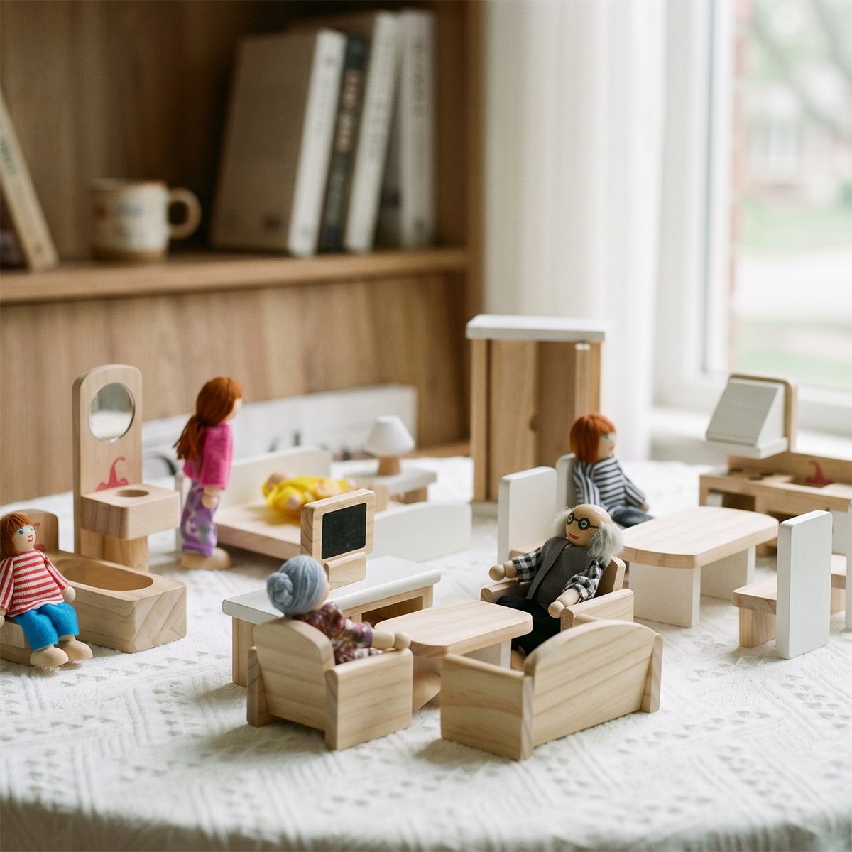 A young girl happily playing with a miniature wooden kitchen and dining set, promoting creative role-play for preschoolers.