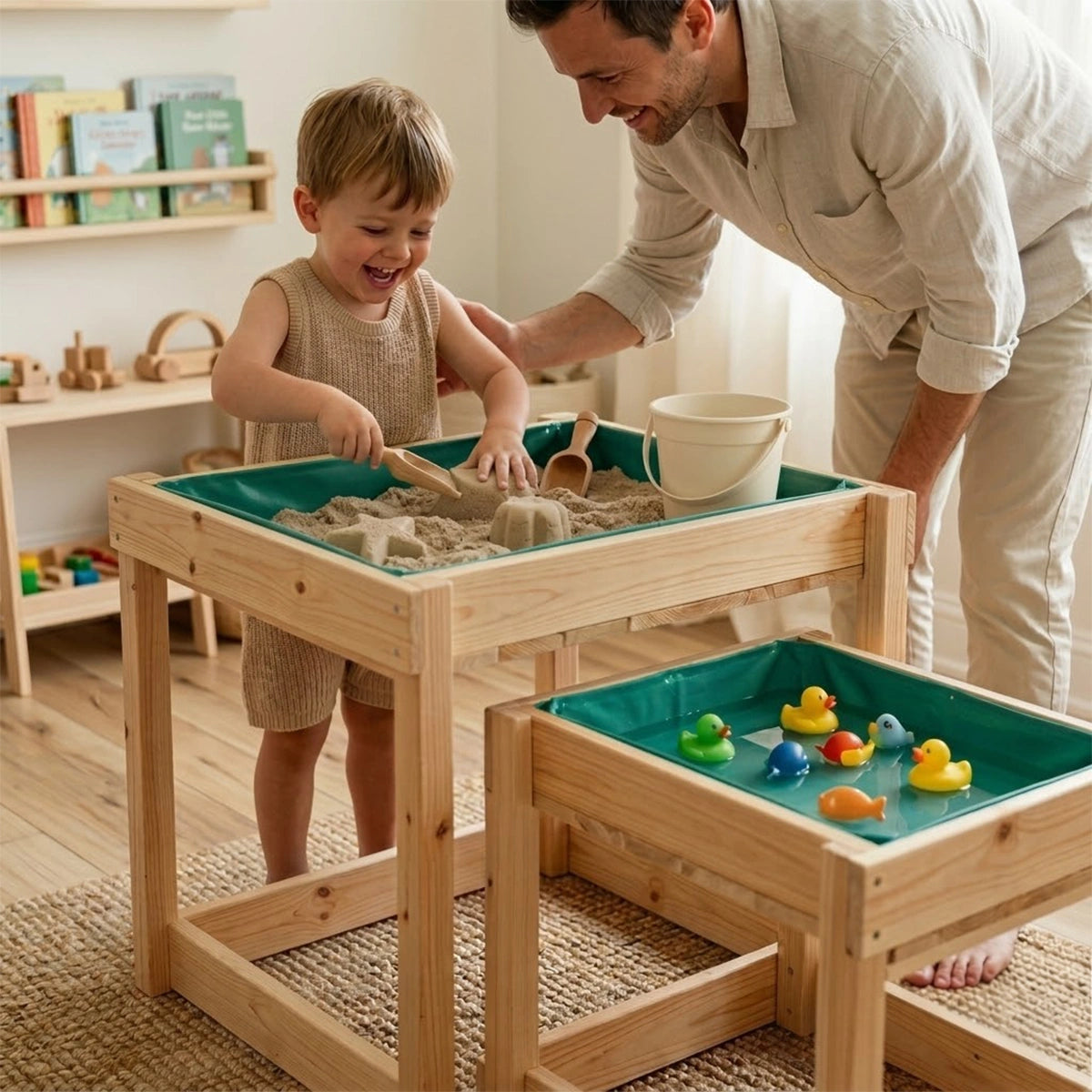 A joyful toddler boy and his smiling father playing together indoors with a two-piece nesting wooden sand and water sensory table. The boy is using a wooden scoop to build sandcastles in the taller table, while the lower table next to them is filled with water and floating toy ducks. They are standing barefoot on a woven rug in a bright playroom with wooden toys in the background, illustrating engaging parent-child interaction and sensory play.