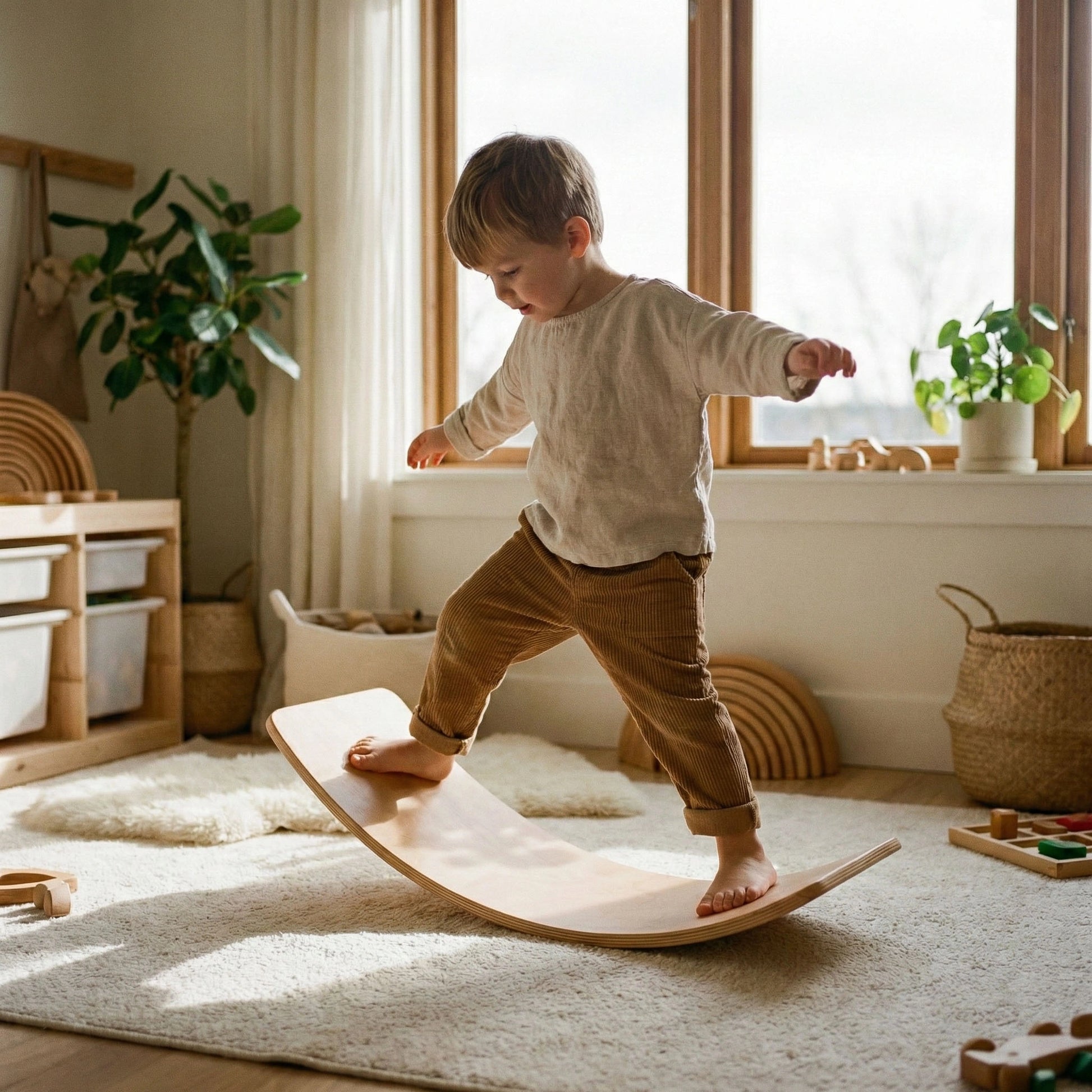 Studio product shot of Hicooo natural wooden balance board (wobble board) against a plain white background. The high-angle view clearly shows the smooth wood grain surface, fluid curved design, and layered plywood construction on the edge.