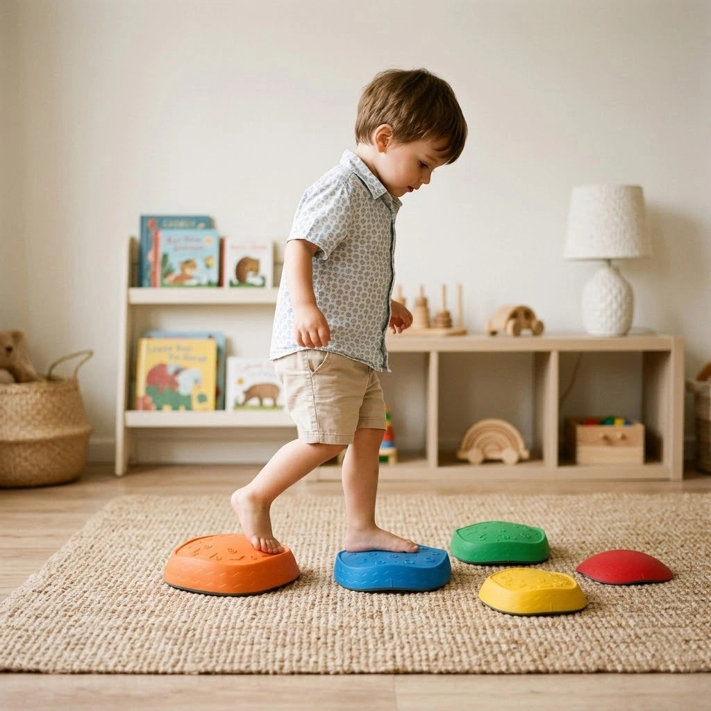 A young boy walking barefoot on colorful, textured balance stepping stones arranged on a woven rug in a bright playroom. He is balancing with one foot on the large orange stone and the other on the blue stone, with green, yellow, and red stones nearby. The background features light wood floors, a low bookshelf, and wooden toys, illustrating indoor active play and gross motor skill development.