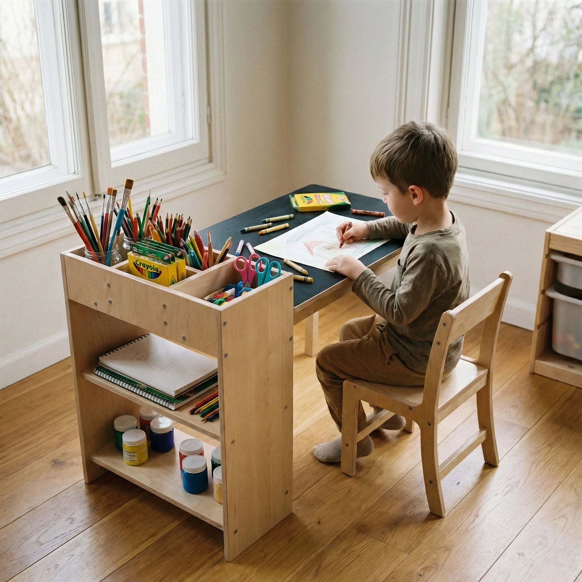 A young boy sits at Hicooo wooden art desk drawing with crayons on paper. The desk features a versatile side storage unit organized with pencils, sketchbooks, and paint jars, creating a tidy Montessori workspace.