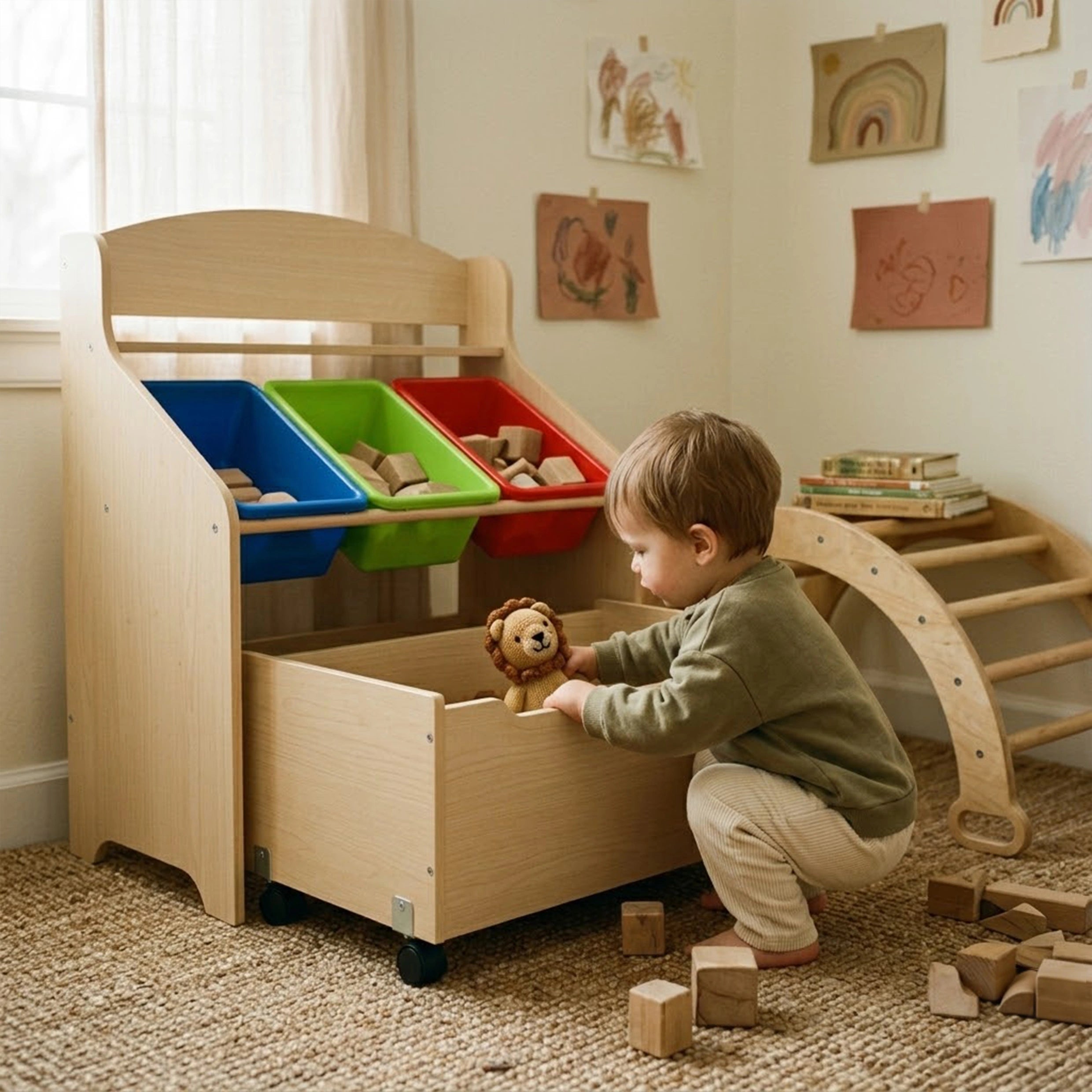 A toddler boy squatting on a woven rug in a sunlit playroom, putting a plush lion into the pulled-out rolling wooden toy box of a kids' storage organizer. A wooden climbing arch is naturally placed in the background, completing the cozy Montessori setup.