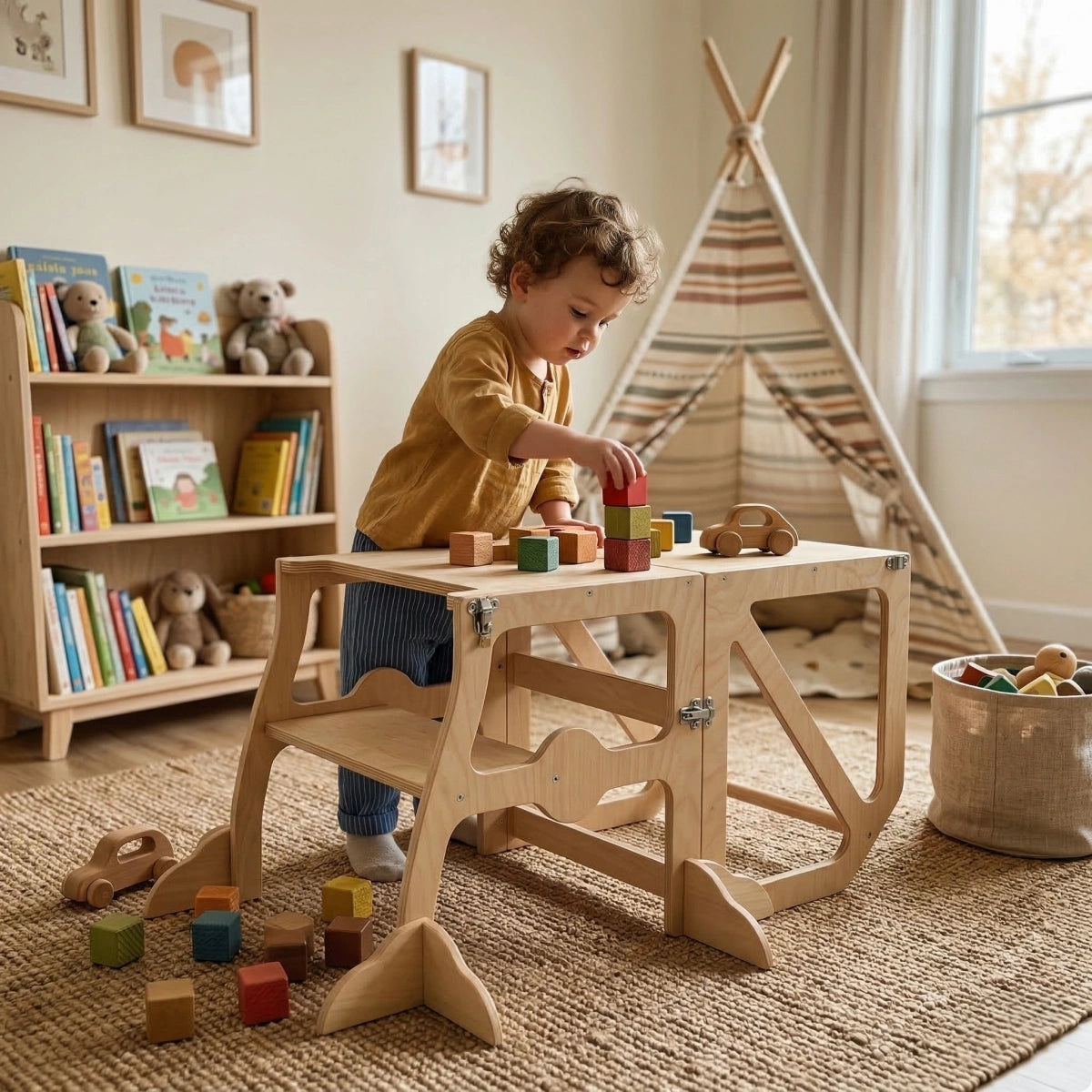 A toddler boy stands and plays with colorful wooden blocks on top of the Hicooo convertible wooden desk in a cozy playroom decorated with a teepee and bookshelf.