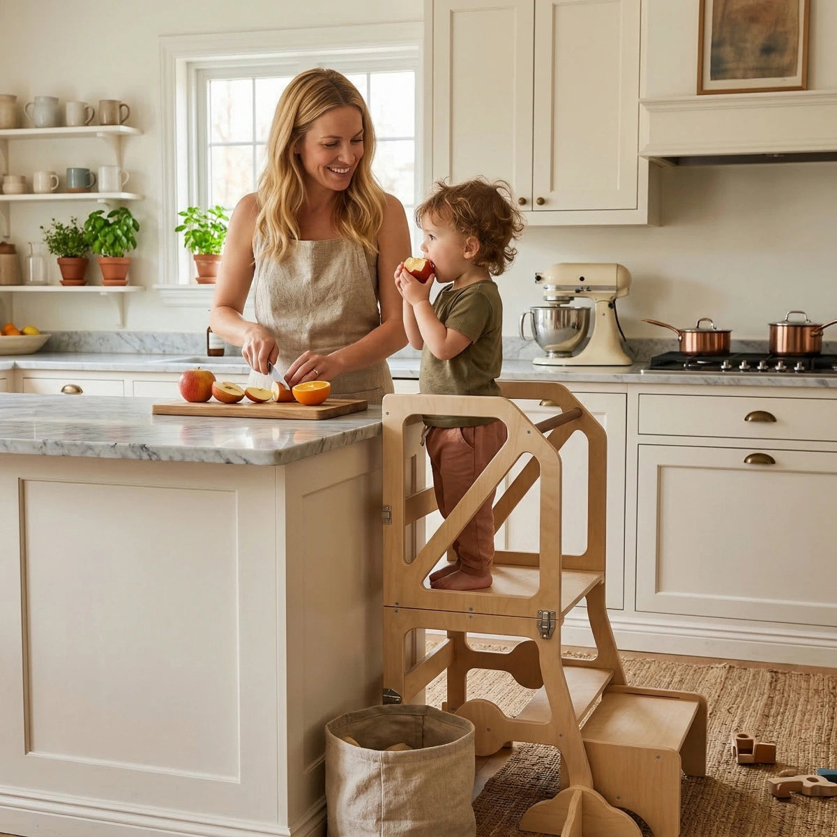 A young toddler stands safely in the Hicooo slim wooden kitchen helper tower, eating a slice of apple while his smiling mother prepares fruit on a cutting board at a kitchen island.