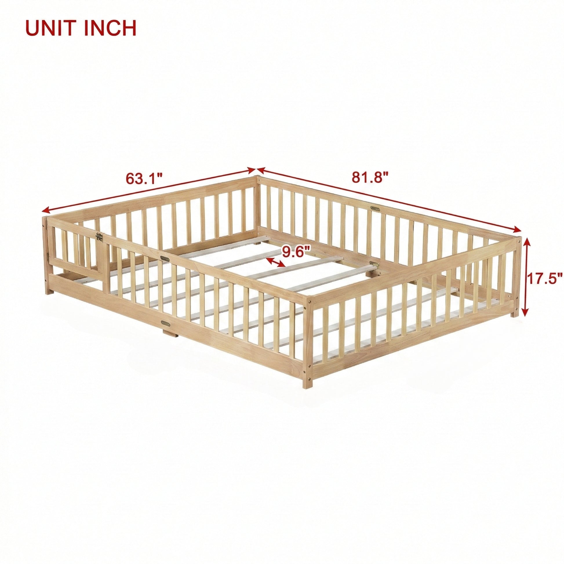 Toddler floor bed frame in natural wood, size and measurement blueprint with detailed inch dimensions.