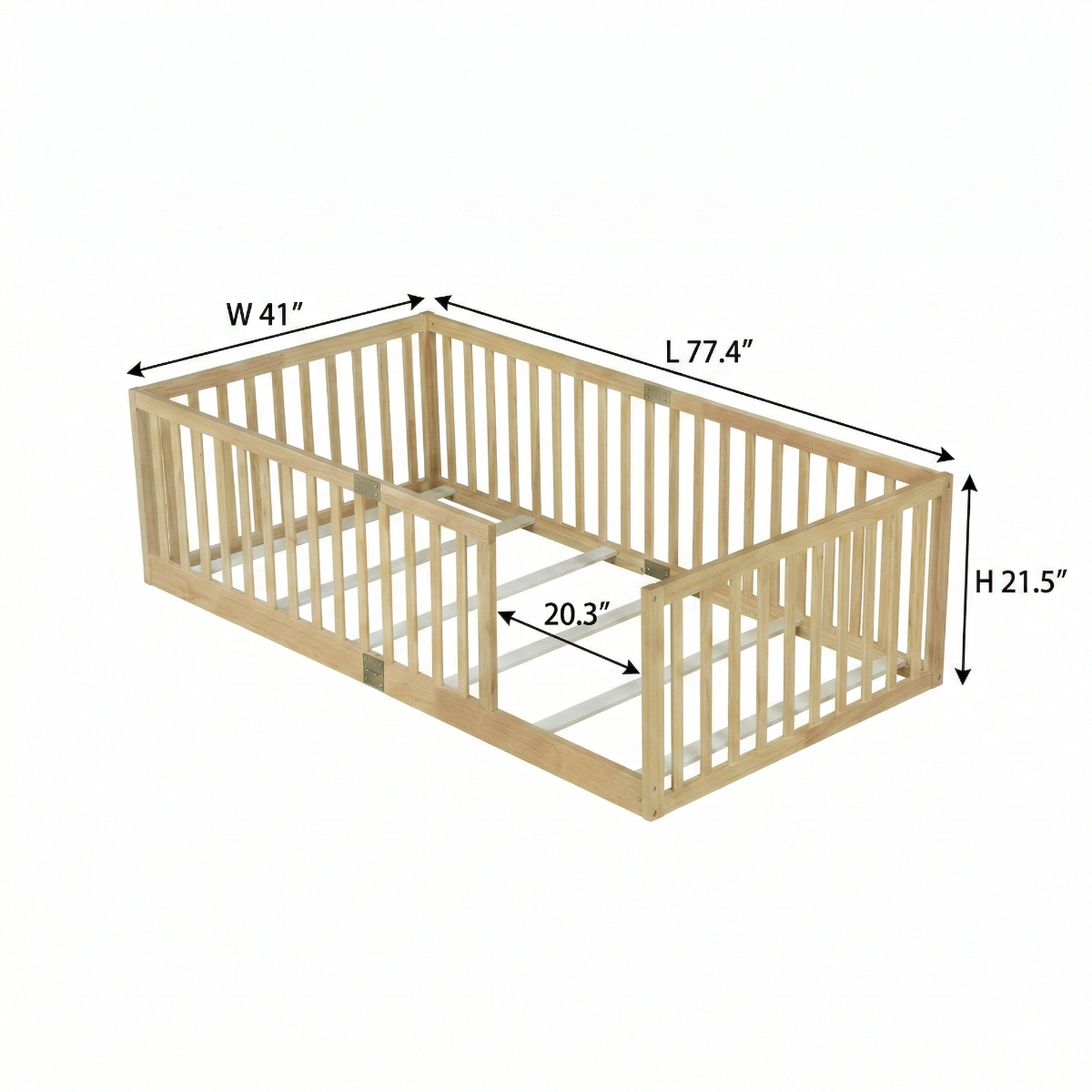 Wooden playpen with dimensions labeled on a white background