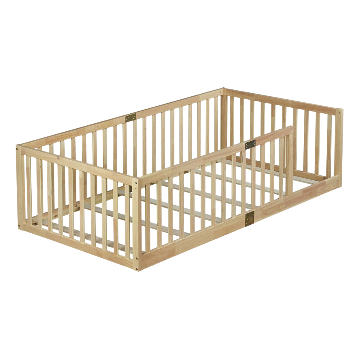 A light natural wood baby playpen with a gate, shown on a solid white background.