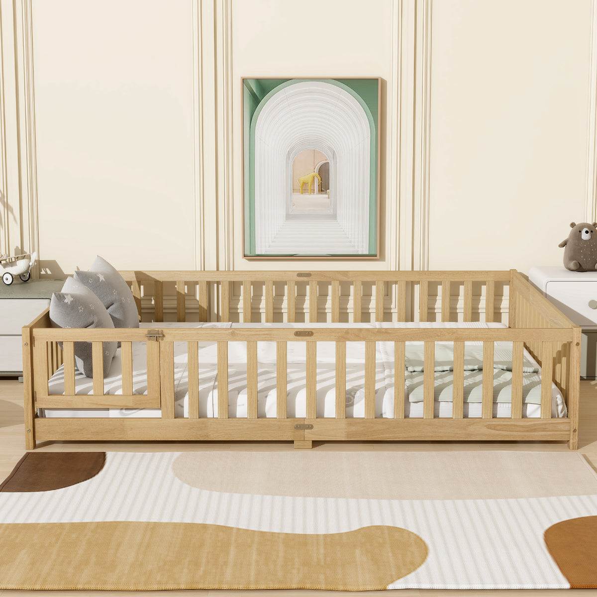 Wooden crib in a room with a rug and wall art