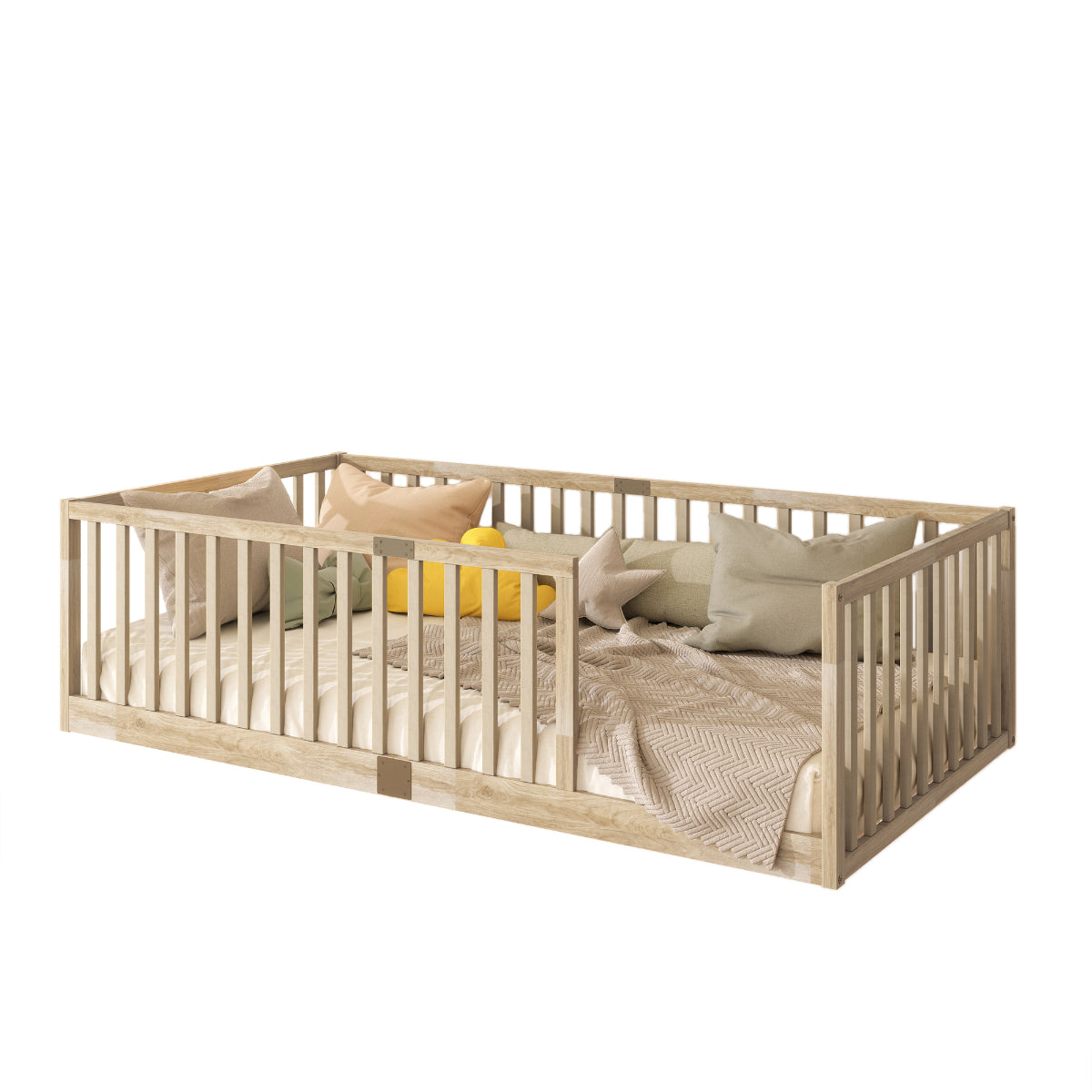Wooden crib with bedding on a white background