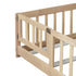 Natural wood baby crib guard rail with a latch gate, shown on a white background.