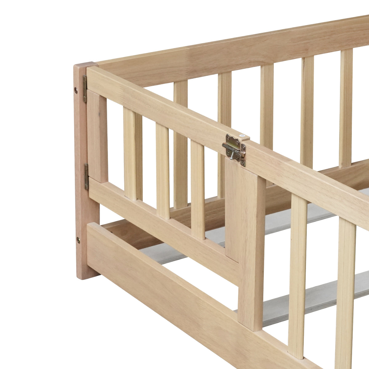 Natural wood baby crib guard rail with a latch gate, shown on a white background.