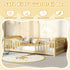 Wooden crib with guardrail in a child-friendly room, featuring text on safety features.