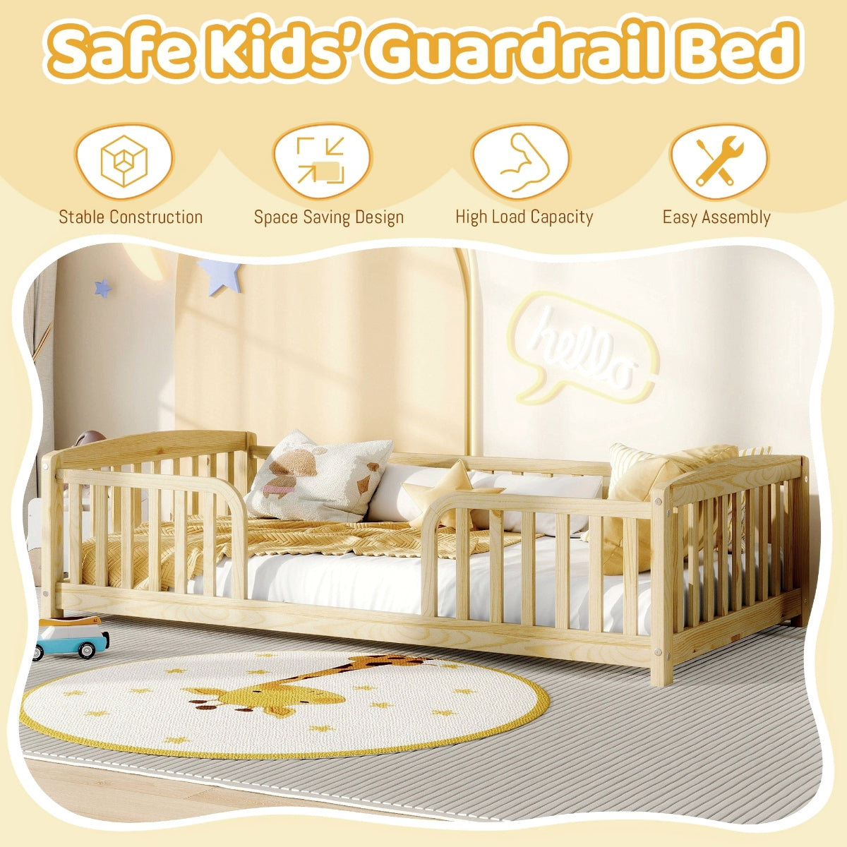 Wooden crib with guardrail in a child-friendly room, featuring text on safety features.