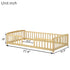 Natural wood baby crib or toddler safety guard rail bed frame shown on a white background with dimension labels and measurements in inches.