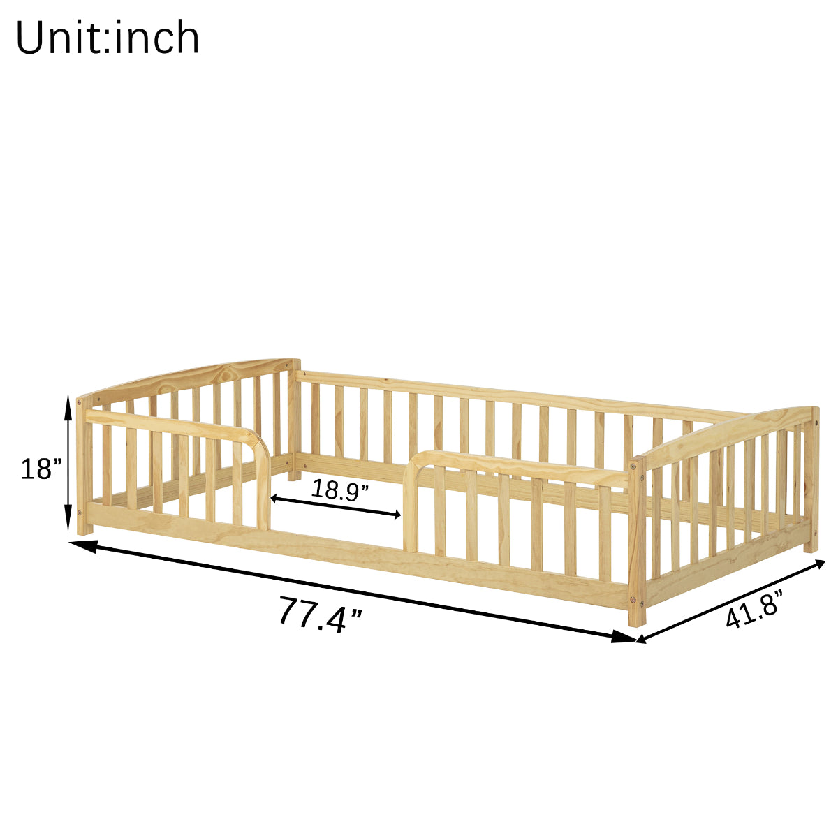 Natural wood baby crib or toddler safety guard rail bed frame shown on a white background with dimension labels and measurements in inches.
