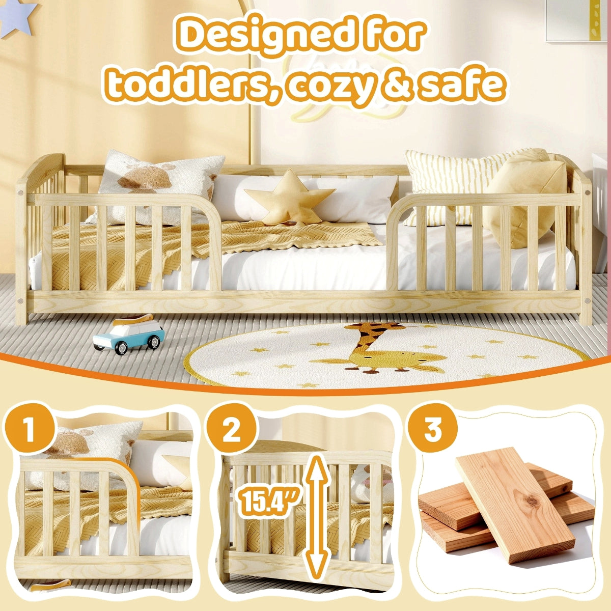 Wooden toddler bed with safety railing, mattress, and bedding in a room setting.
