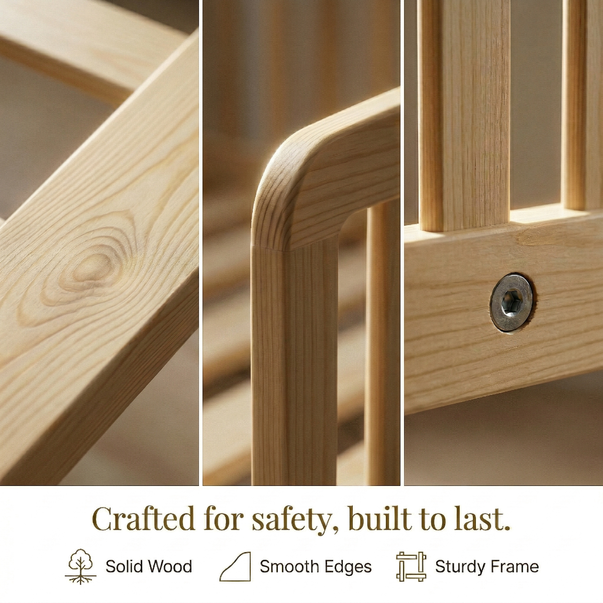 Close-up of wooden furniture with text 'Crafted for safety, built to last.'