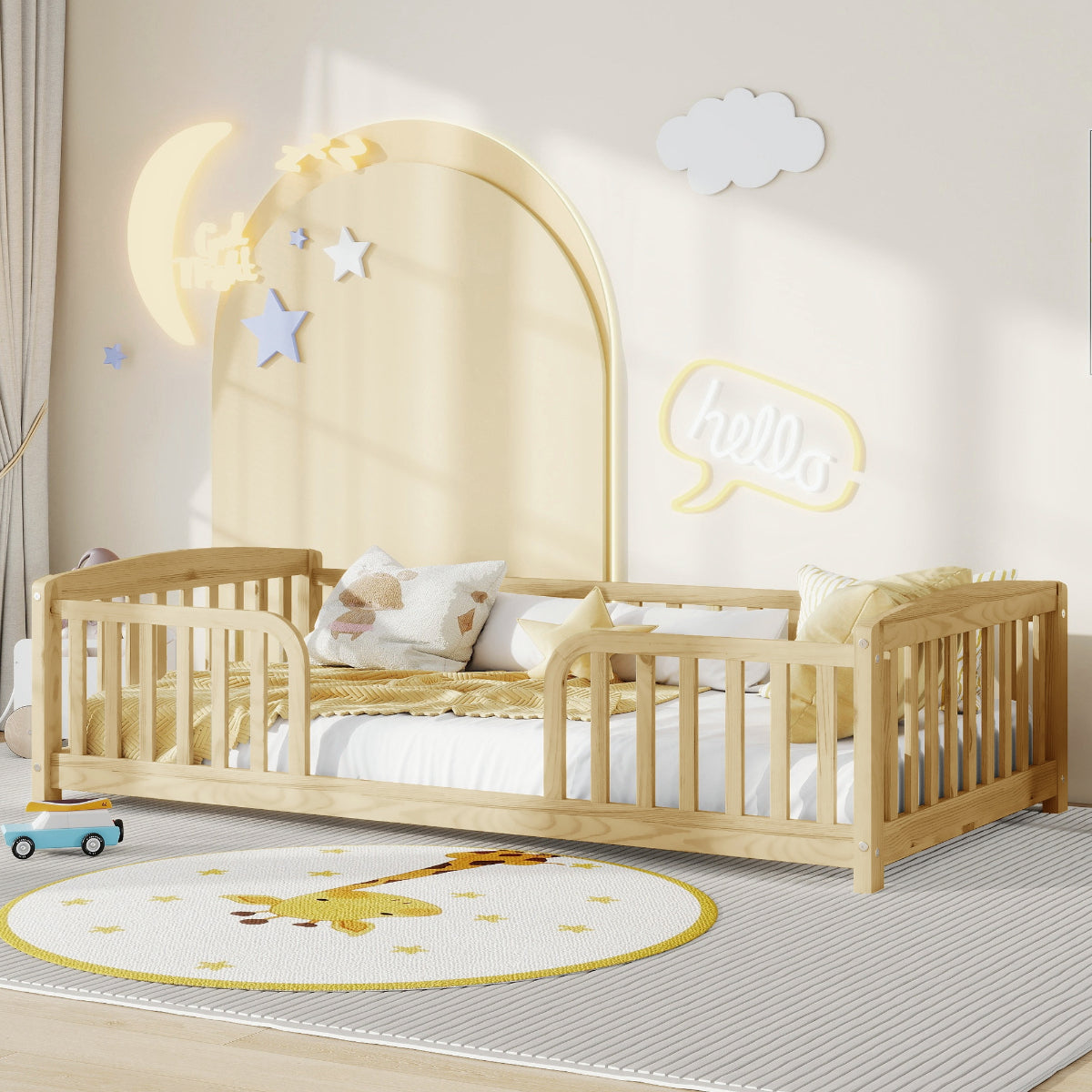 Children's bedroom with a wooden bed, toys, and decorative elements.