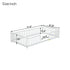 White wooden crib or toddler bed frame shown on a light gray background with overlaid dimension labels and arrows indicating width, height, and depth in inches.