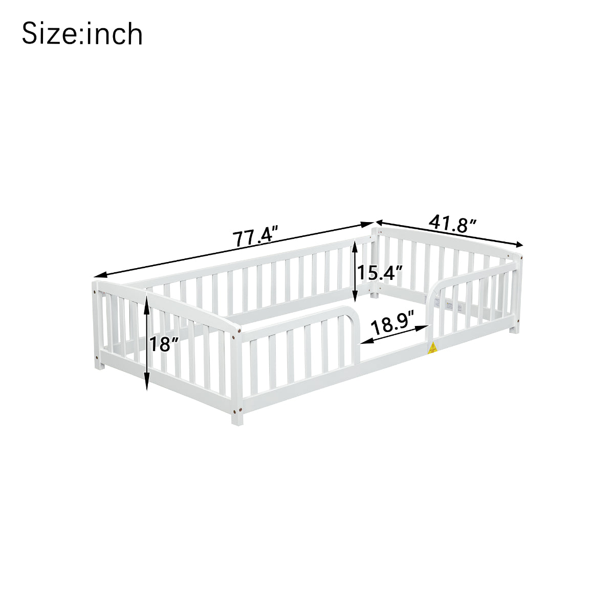 White wooden crib or toddler bed frame shown on a light gray background with overlaid dimension labels and arrows indicating width, height, and depth in inches.