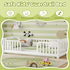 White wooden crib guardrail bed frame shown in a styled nursery setting with green and white striped wallpaper, a panda decal, and children's toys. The image includes feature icons at the top reading 'Stable Construction', 'Space Saving Design', 'High Load Capacity', and 'Easy Assembly' under the heading 'Safe Kids' Guardrail Bed'.