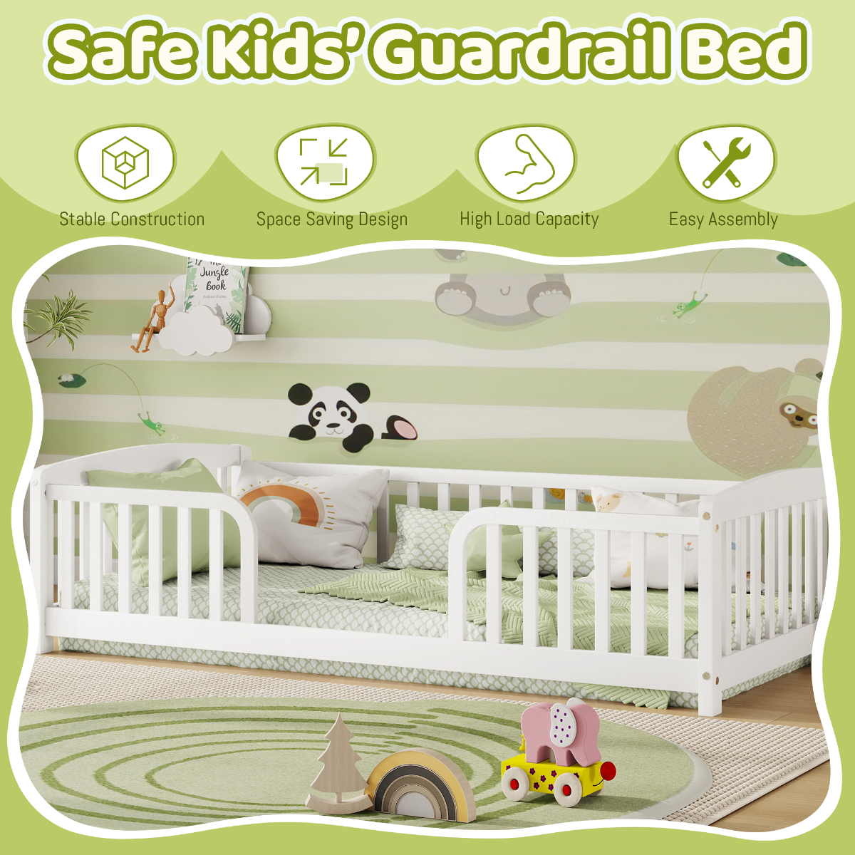 White wooden crib guardrail bed frame shown in a styled nursery setting with green and white striped wallpaper, a panda decal, and children's toys. The image includes feature icons at the top reading 'Stable Construction', 'Space Saving Design', 'High Load Capacity', and 'Easy Assembly' under the heading 'Safe Kids' Guardrail Bed'.