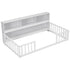 White bed with built-in bookshelves on a white background