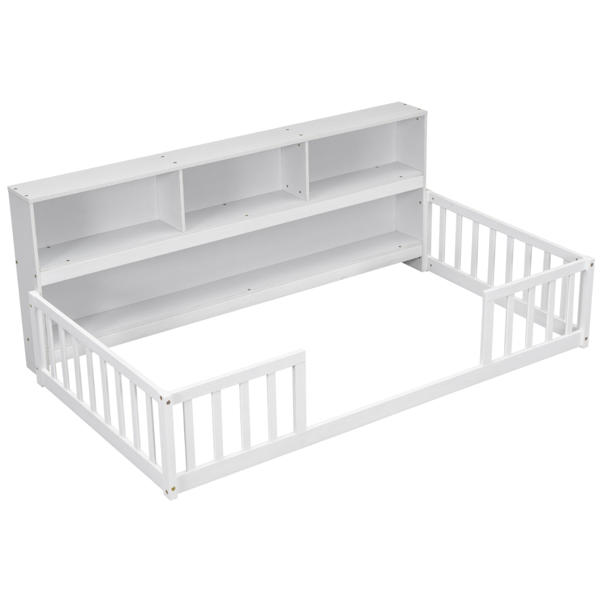 White bed with built-in bookshelves on a white background