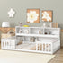 White children's bed with bookshelves in a room with floral wall art and a clock.